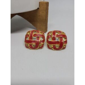 Red & Gold Tone Earrings Square Woven Design‎ Studs Ladies Pre-Owned